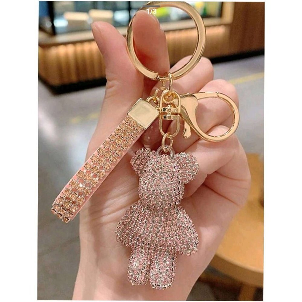 Trendy Rhinestone-embedded Bear Shaped Keychain For Women